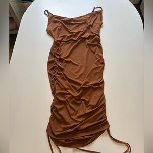 Rust Brown Ribbed Ruched Slip Dress